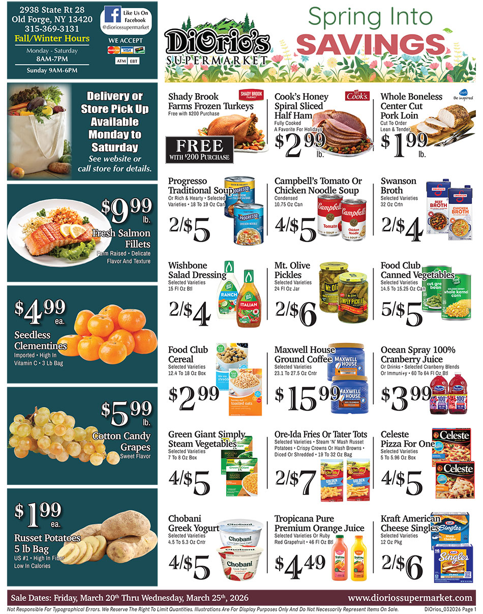 Weekly ad page 1. Call 315-369-3131 with questions