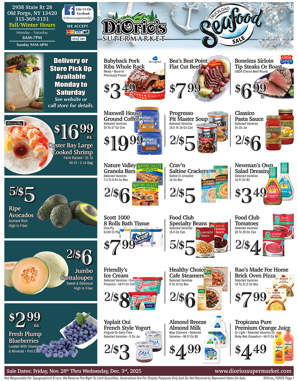 Weekly ad page 1. Call 315-369-3131 with questions